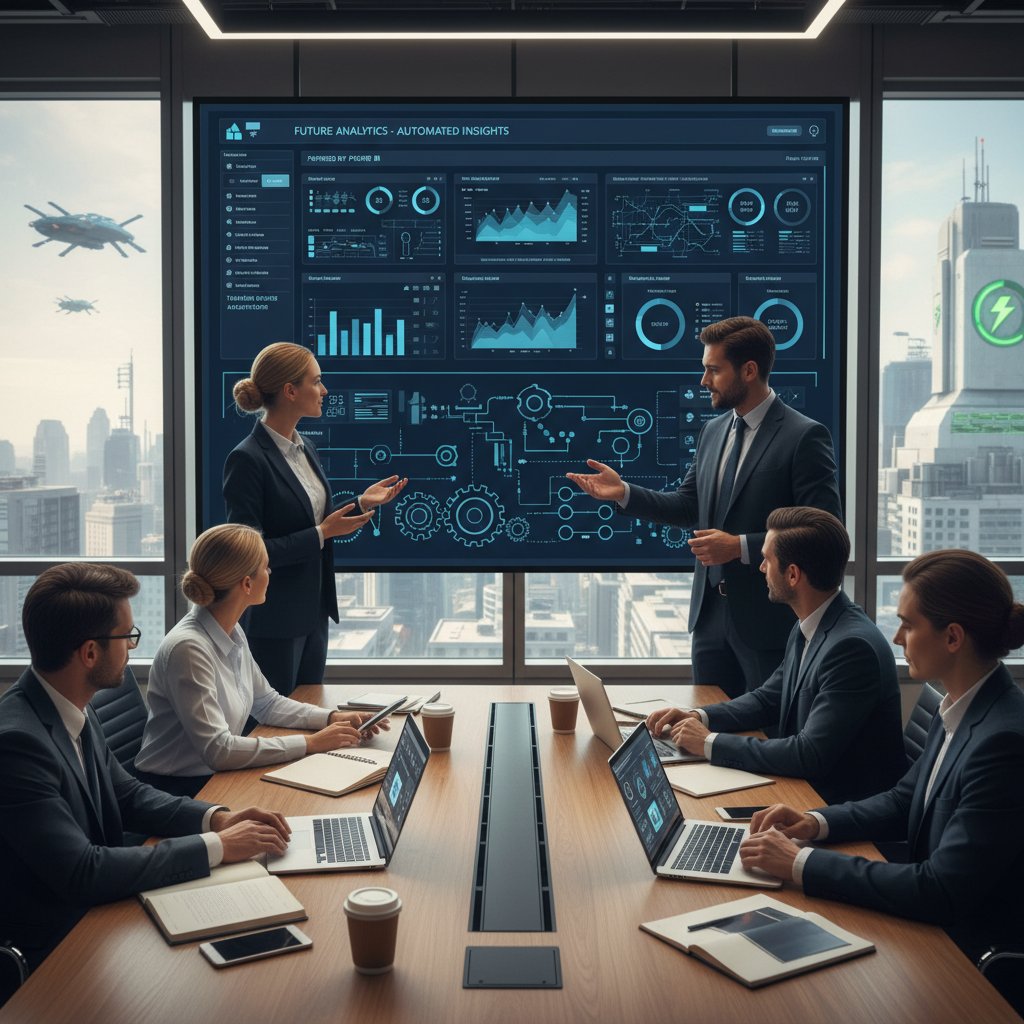 Zespół pracujący nad automatyzacją raportów Power BI, sala konferencyjna, ekrany z wykresami