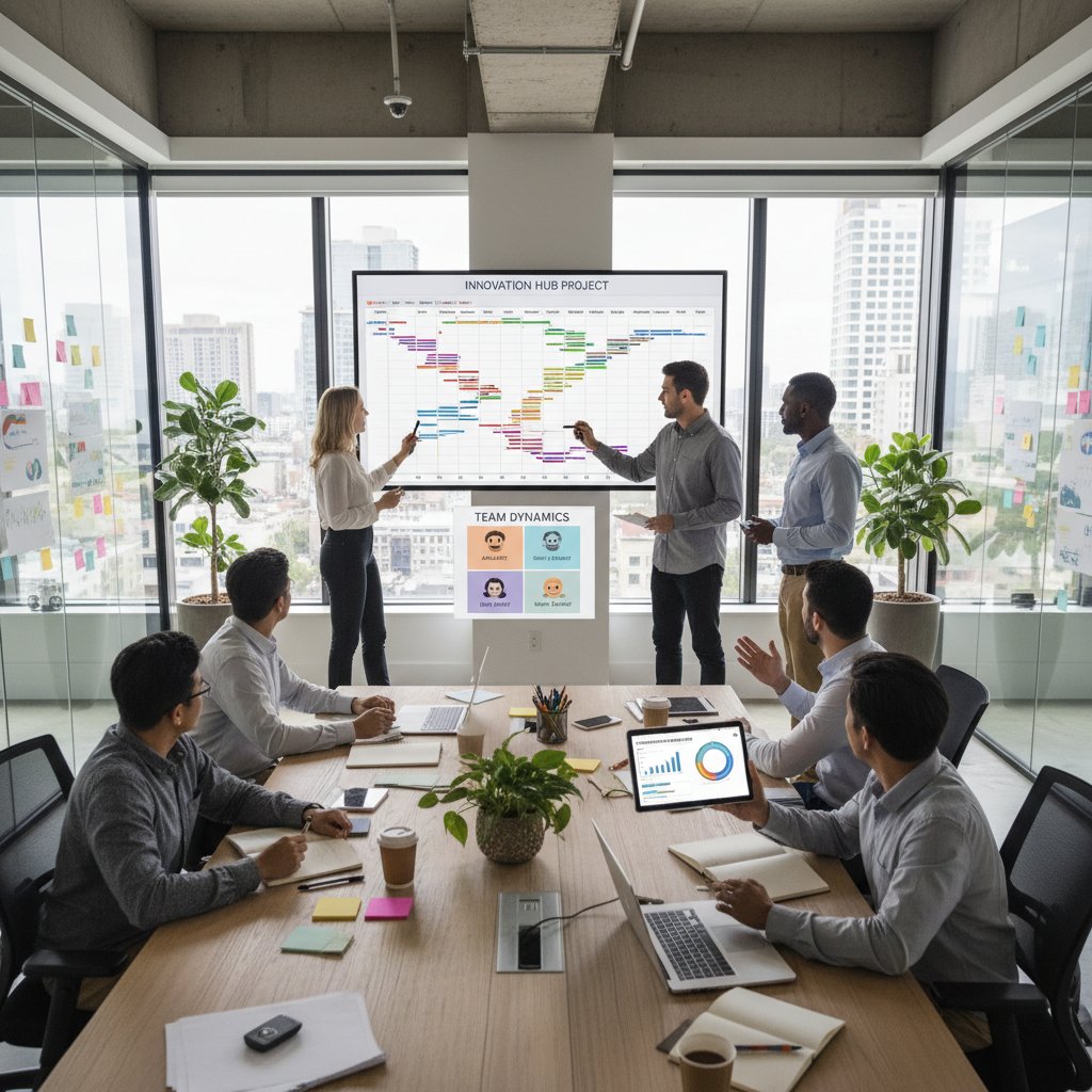 Zdjęcie zespołu pracującego nad projektem z wydrukami MBTI na stole