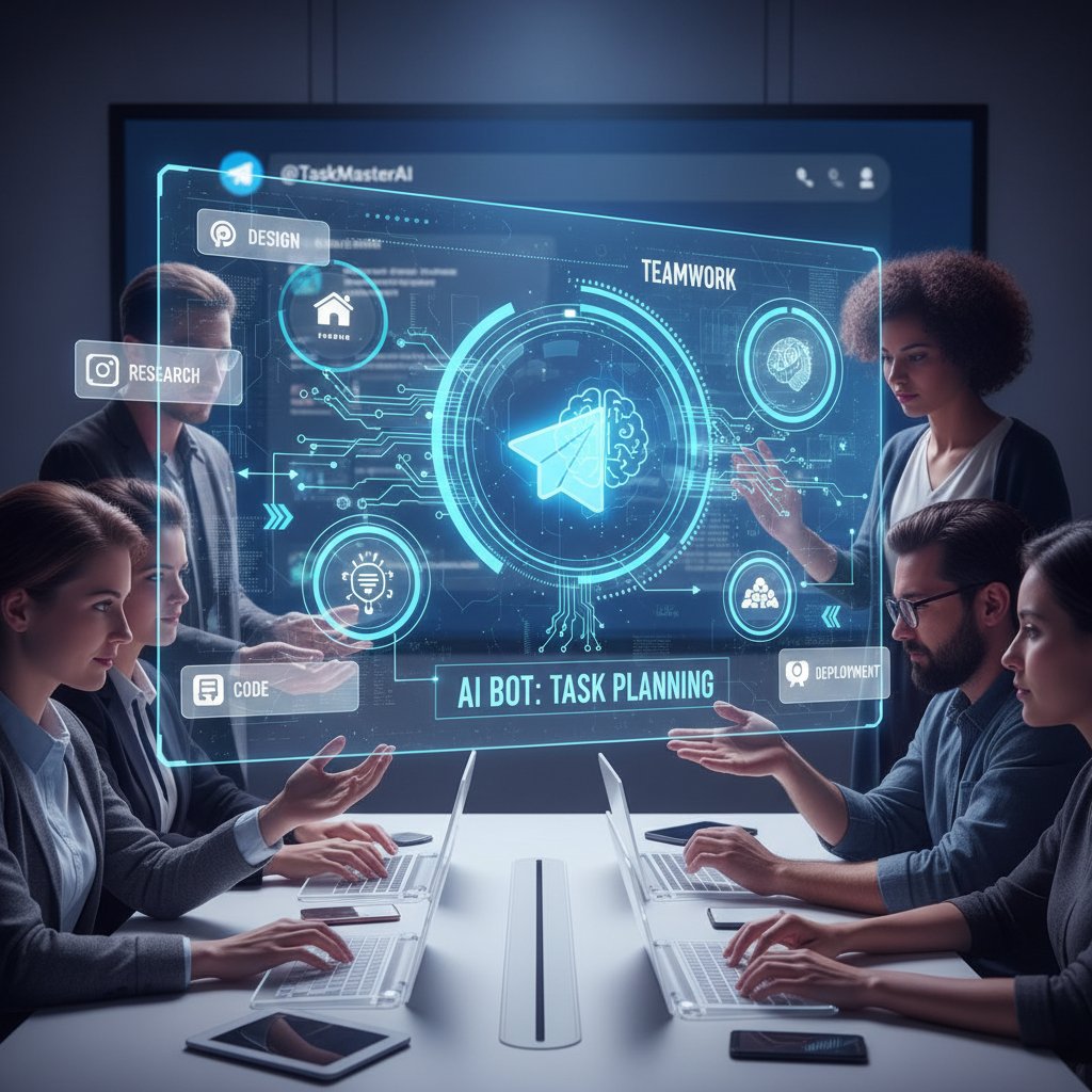 Praca zespołowa z Telegram AI bot, smartfony, tablica, planowanie zadań