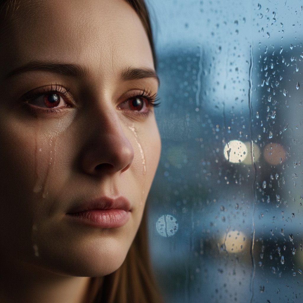 Close-up of a tear-streaked face watching a rainy day movie, rain blurring the window in the background