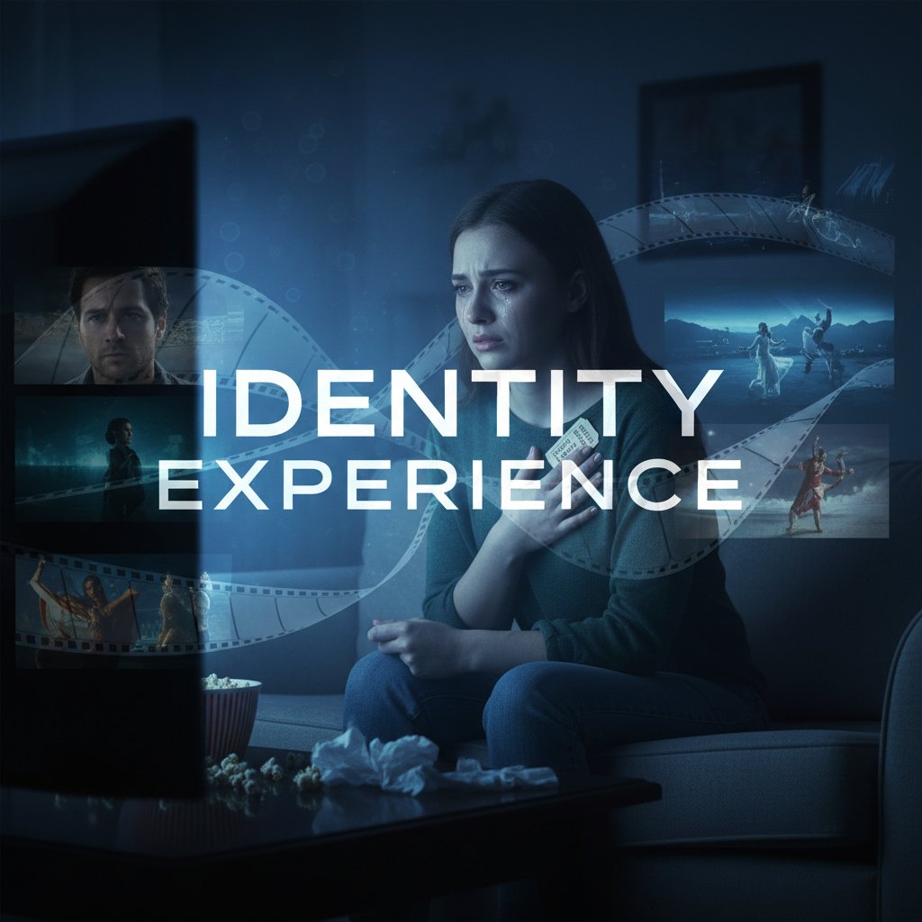 Intimate portrait photo of a viewer with tear-streaked face lit by the glow of a TV, moved by movie identity movies