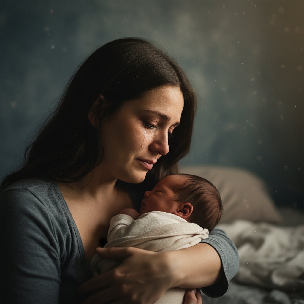 Mama tuląca noworodka, łzy na policzku, rzeczywiste emocje poporodowe