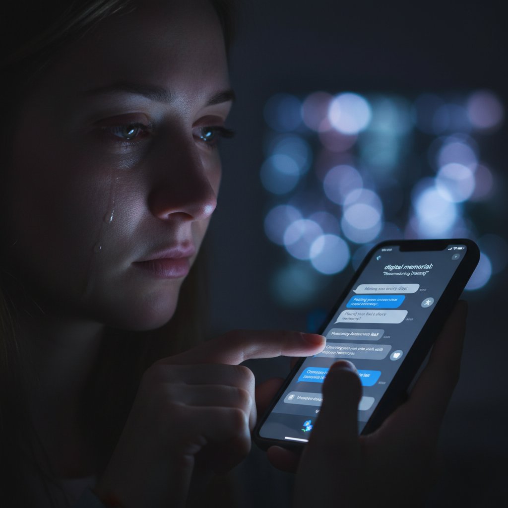 Cinematic portrait of a teary-eyed person staring at a glowing phone screen in a dark room, digital memorial conversations mourning assistance