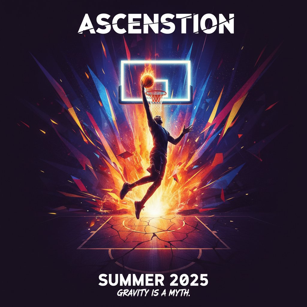 Teaser poster concept for an upcoming basketball movie, bold colors and dramatic composition, hinting at the future of basketball movies in 2025