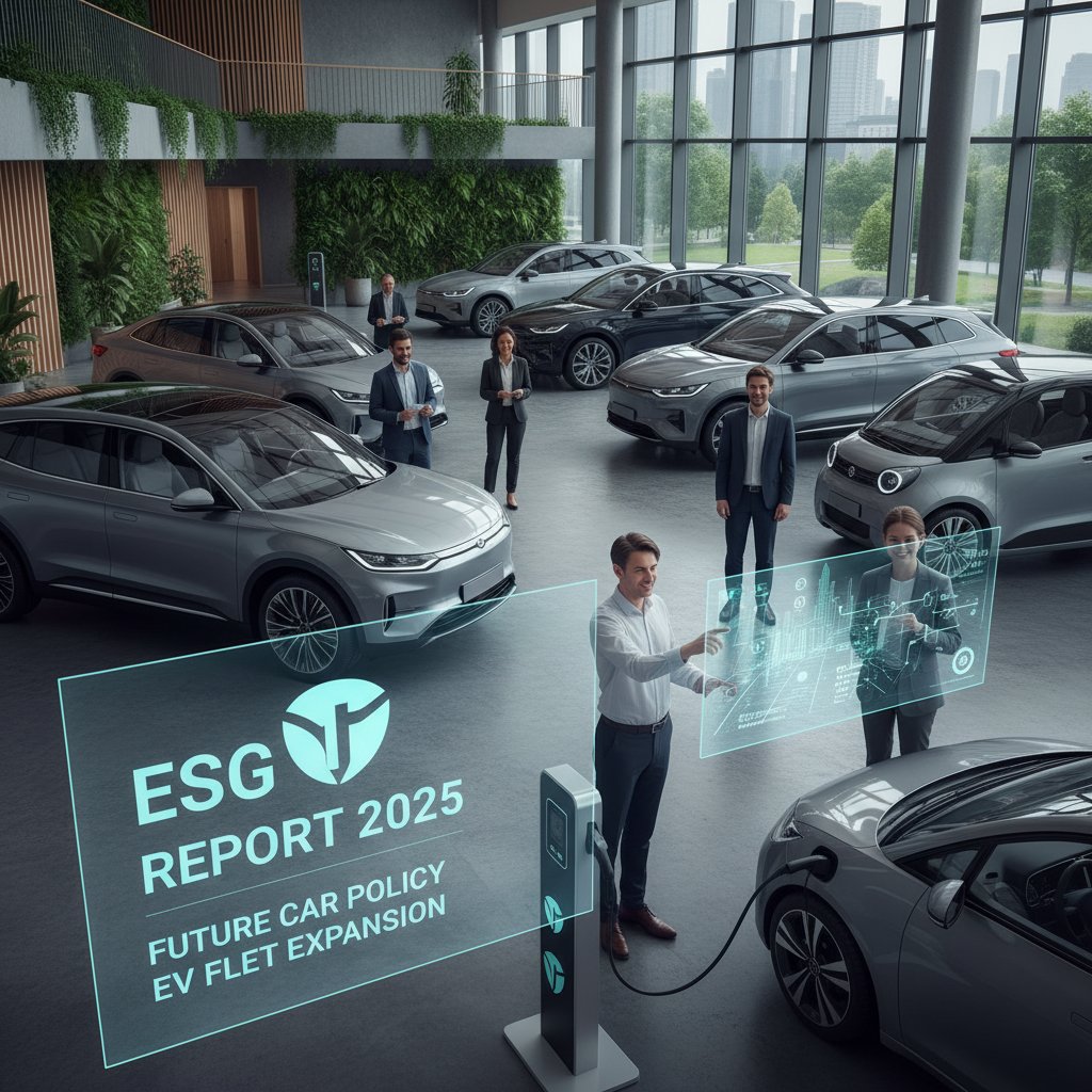 Tech company fleet of electric vehicles, ESG report in hand, future-focused company car policy