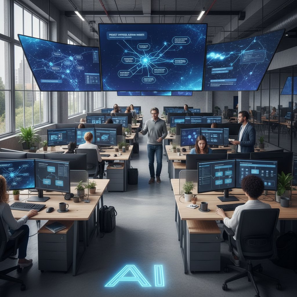 Nowoczesny open space, zespół IT obserwuje na ekranach automatyczne rekomendacje AI