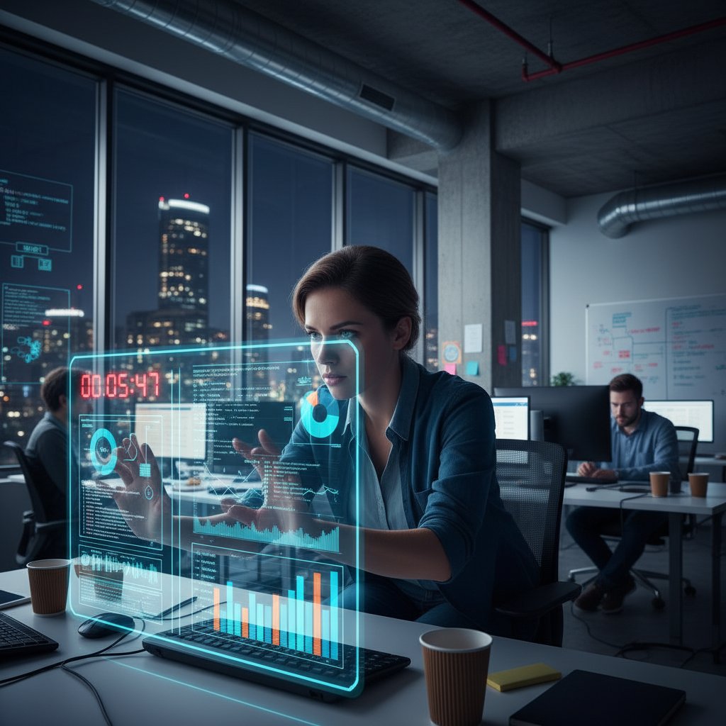 Tech-savvy entrepreneur glancing at a clock while scrutinizing market research data dashboard, startup office, urgent mood