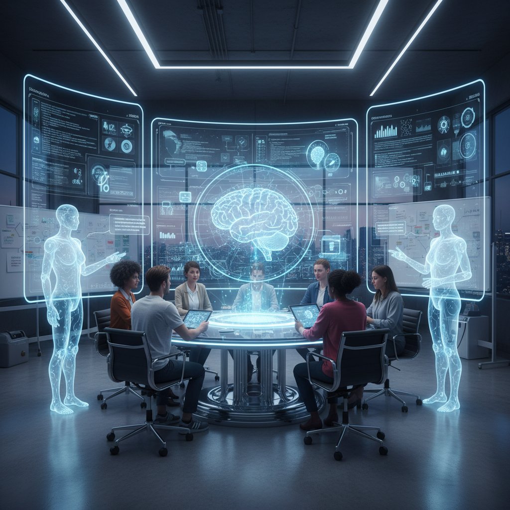 Technologie-Start-up-Team bei Brainstorming, große Bildschirme, KI-Avatare als Hologramme sichtbar