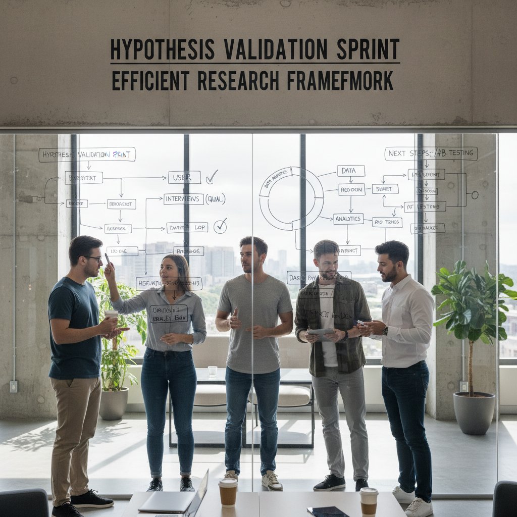 Young diverse tech startup team around a whiteboard, mapping out hypothesis validation steps for efficient research