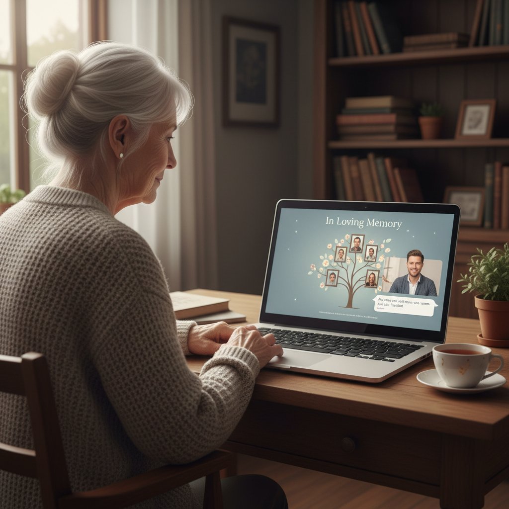 Tech support volunteer helping an elderly person join an online memorial on a tablet