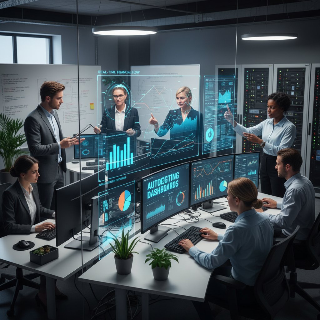 Tech team using automated budgeting dashboards for real-time project budget management
