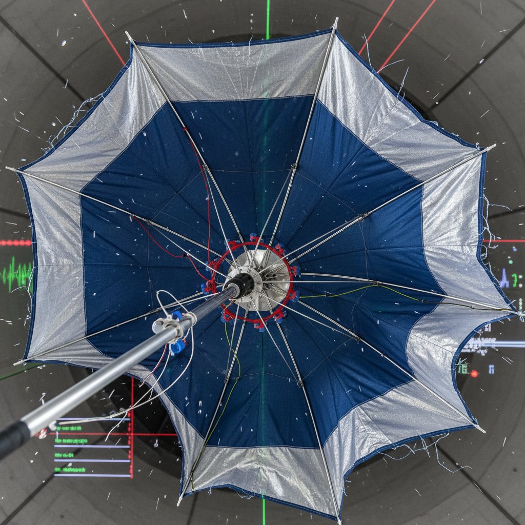 Zbliżenie techniczne na łączenia stelaża i napinaną tkaninę parasola podczas testu w tunelu aerodynamicznym