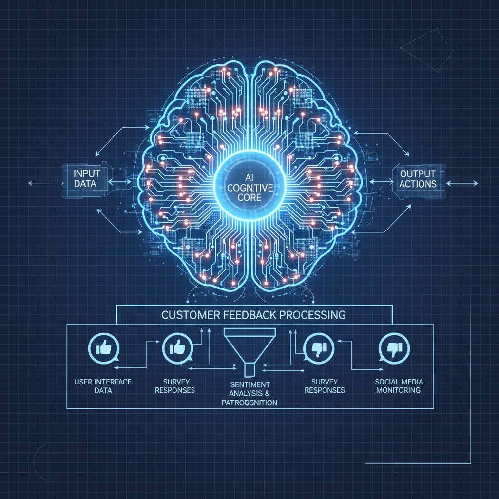 Schemat działania chatbota analizującego opinie klientów – osoba pracująca przy komputerze, widoczny interfejs AI