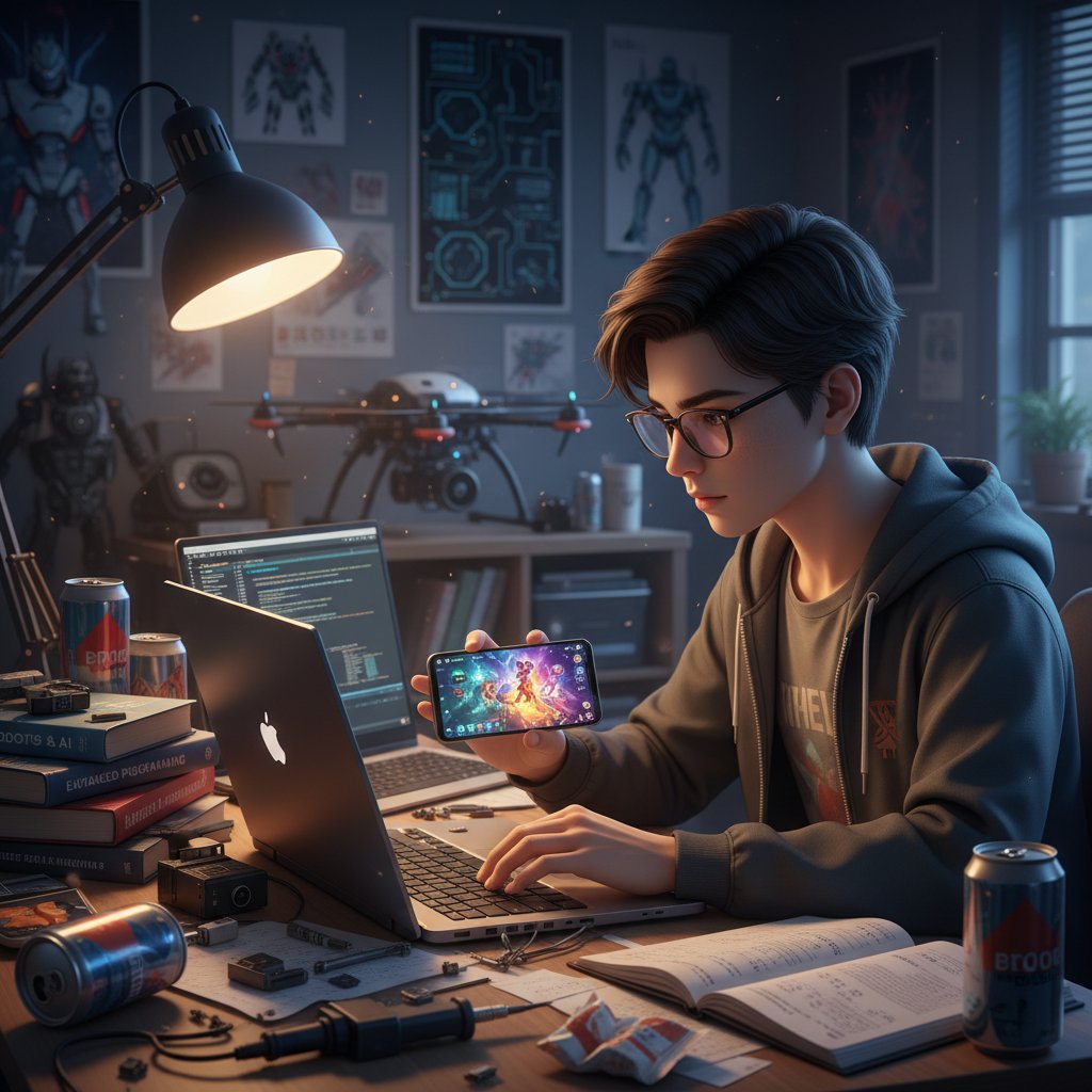 Uczeń technikum walczący z rozproszeniem podczas nauki niemieckiego online