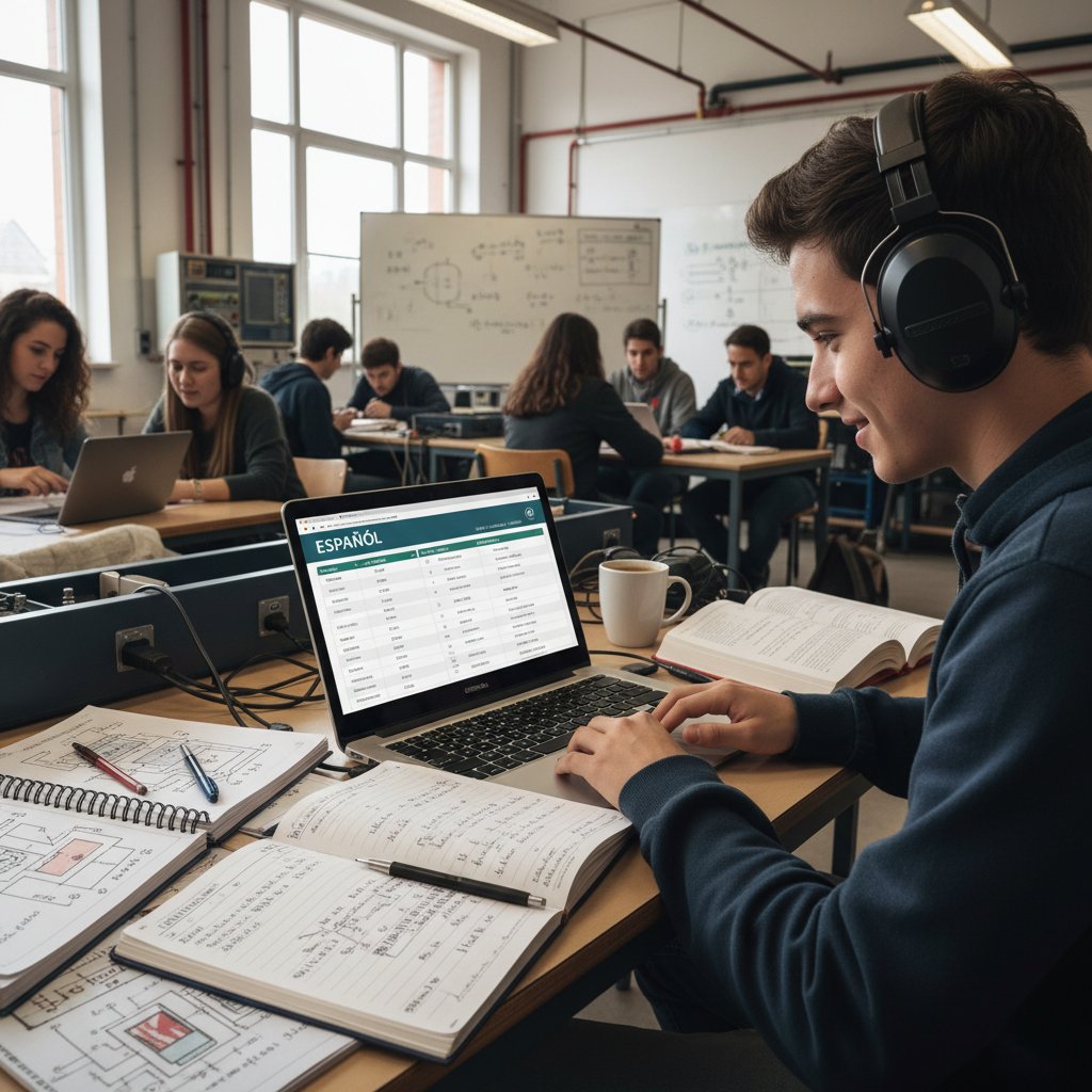 Uczeń technikum w domu, notatki z hiszpańskiego, słuchawki, ekran z platformą do nauki