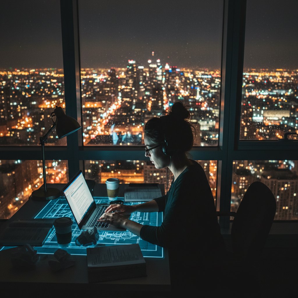 Dedicated technical writer crafting documentation late at night, a symbol of quiet diligence