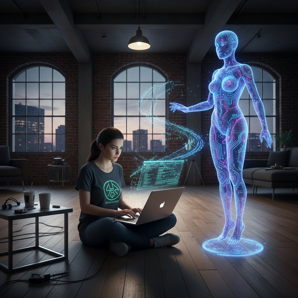 Techniker am Laptop im urbanen Loft, Codezeilen auf Bildschirm, Hologramm einer weiblichen KI-Figur im Vordergrund