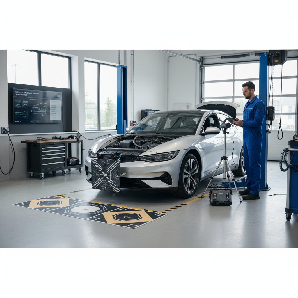 Technician calibrating vehicle collision avoidance sensors in a modern garage. High-tech automotive safety maintenance in progress.