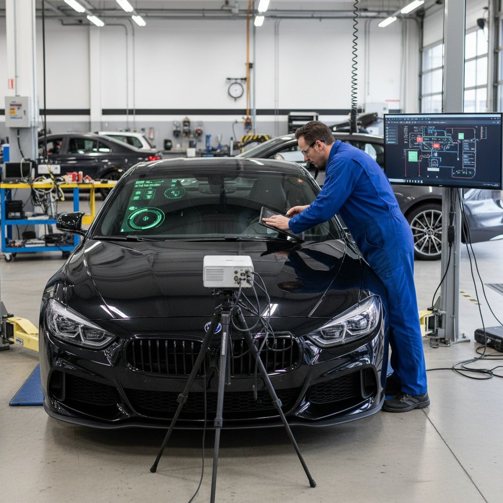 Photo of technician calibrating heads up display in car workshop with modern equipment