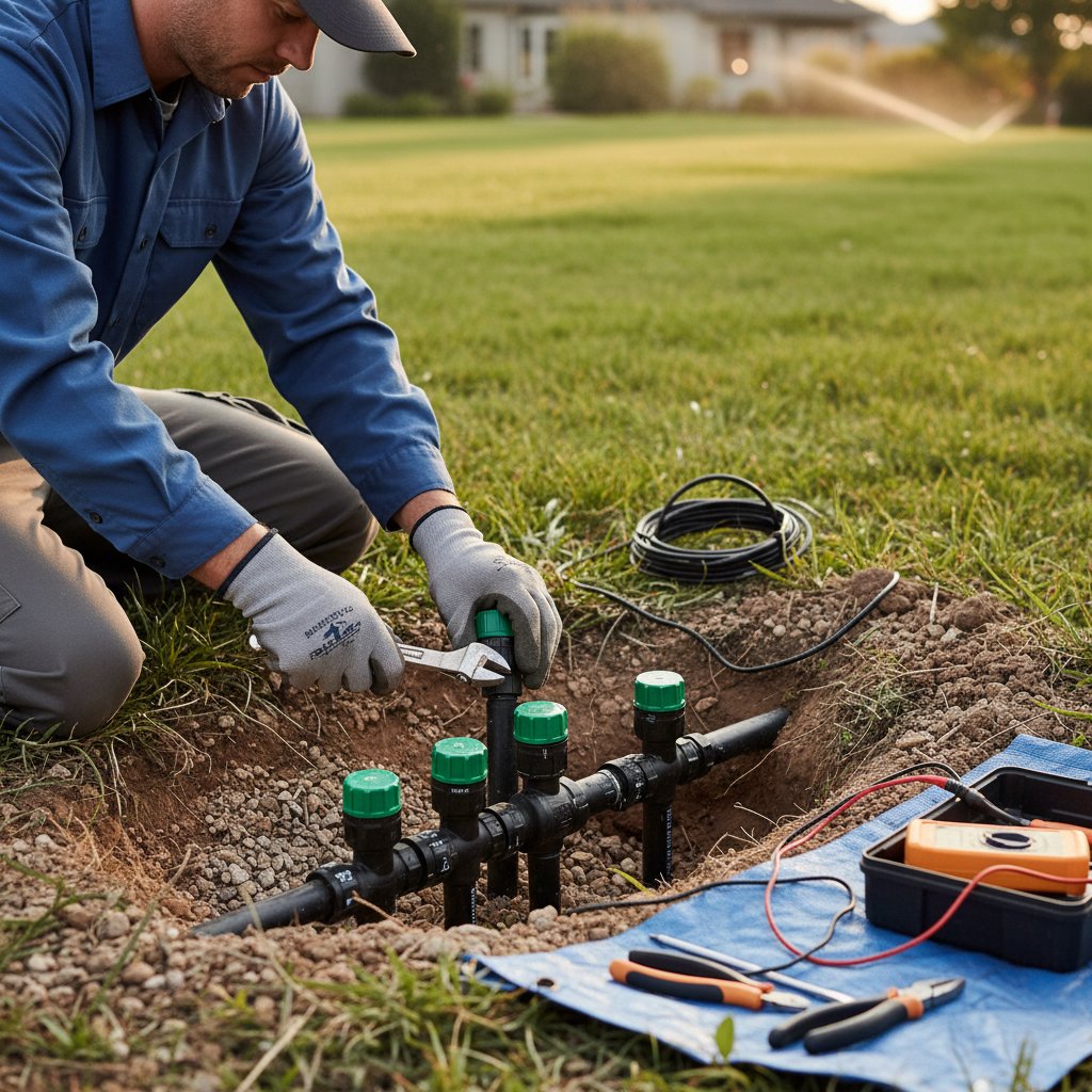 Technik serwisujący zawory automatycznego systemu nawadniania w ogrodzie