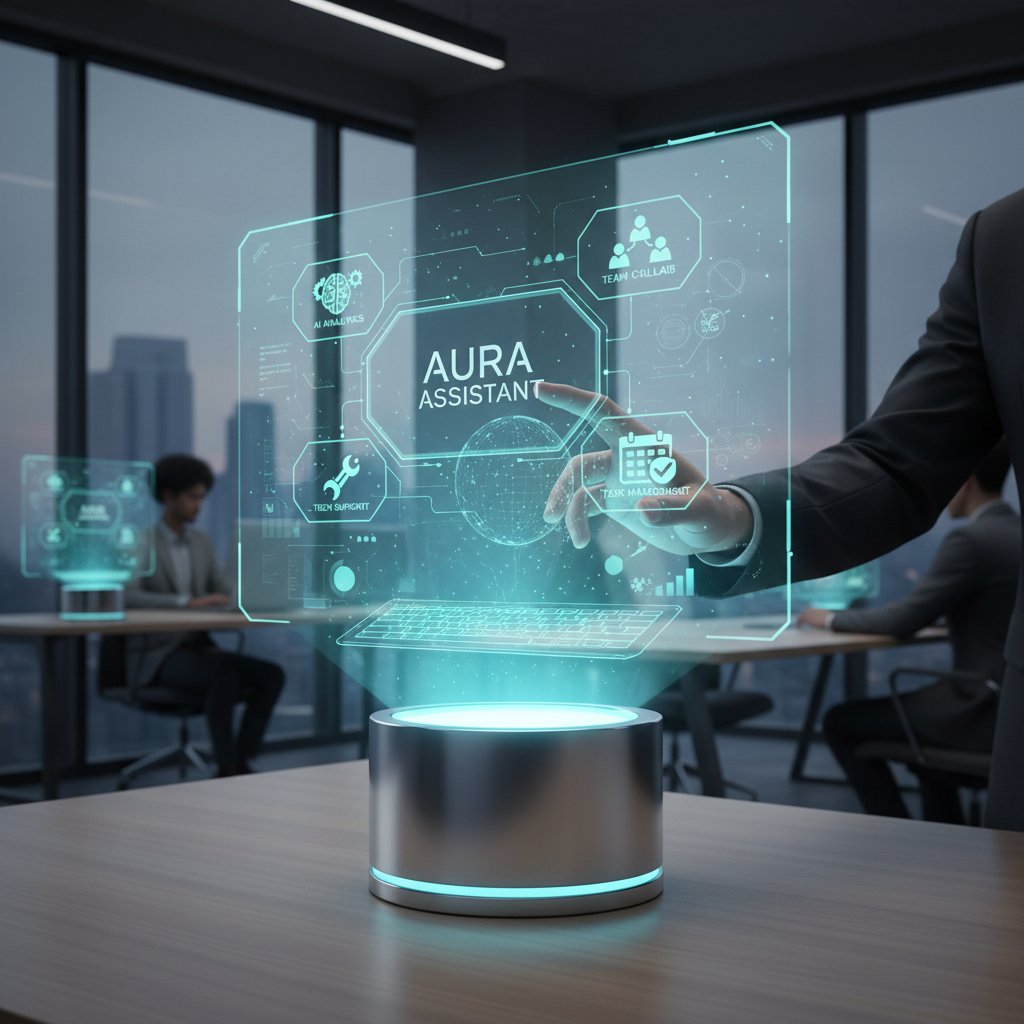 Modern workspace with digital and human assistants collaborating. Alt: Keyword-rich image showing AI coworker, automation bots, and digital assistants working with team.