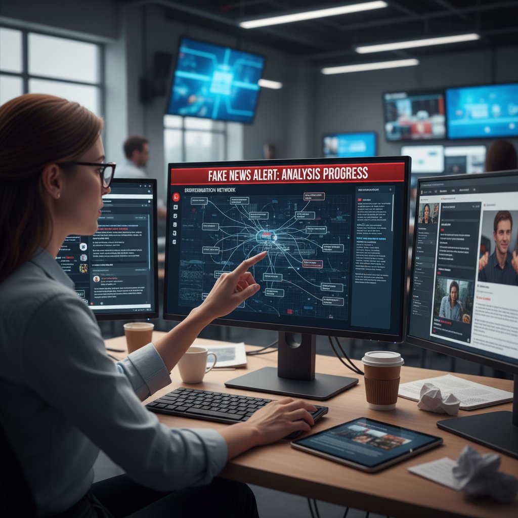 Dziennikarz technologiczny analizujący nagłówki fake newsów w nowoczesnej redakcji