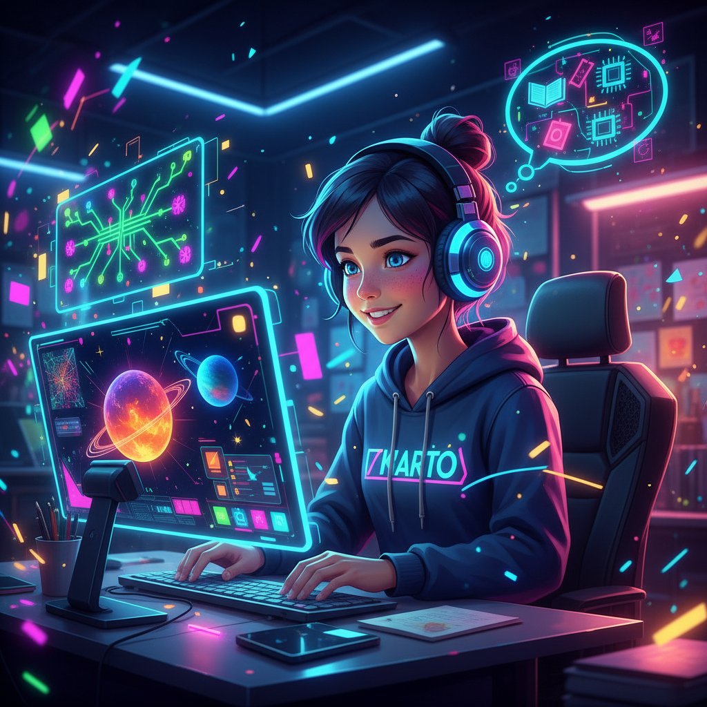 Nastolatek podczas lekcji online z awatarem AI, żywe kolory, efekty wizualne