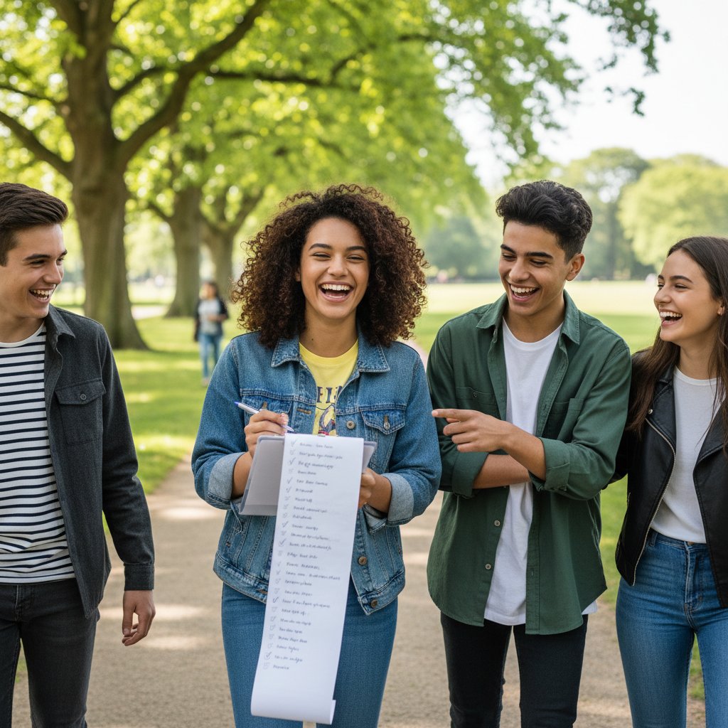 Nastolatek z listą pytań o prezenty wśród rówieśników