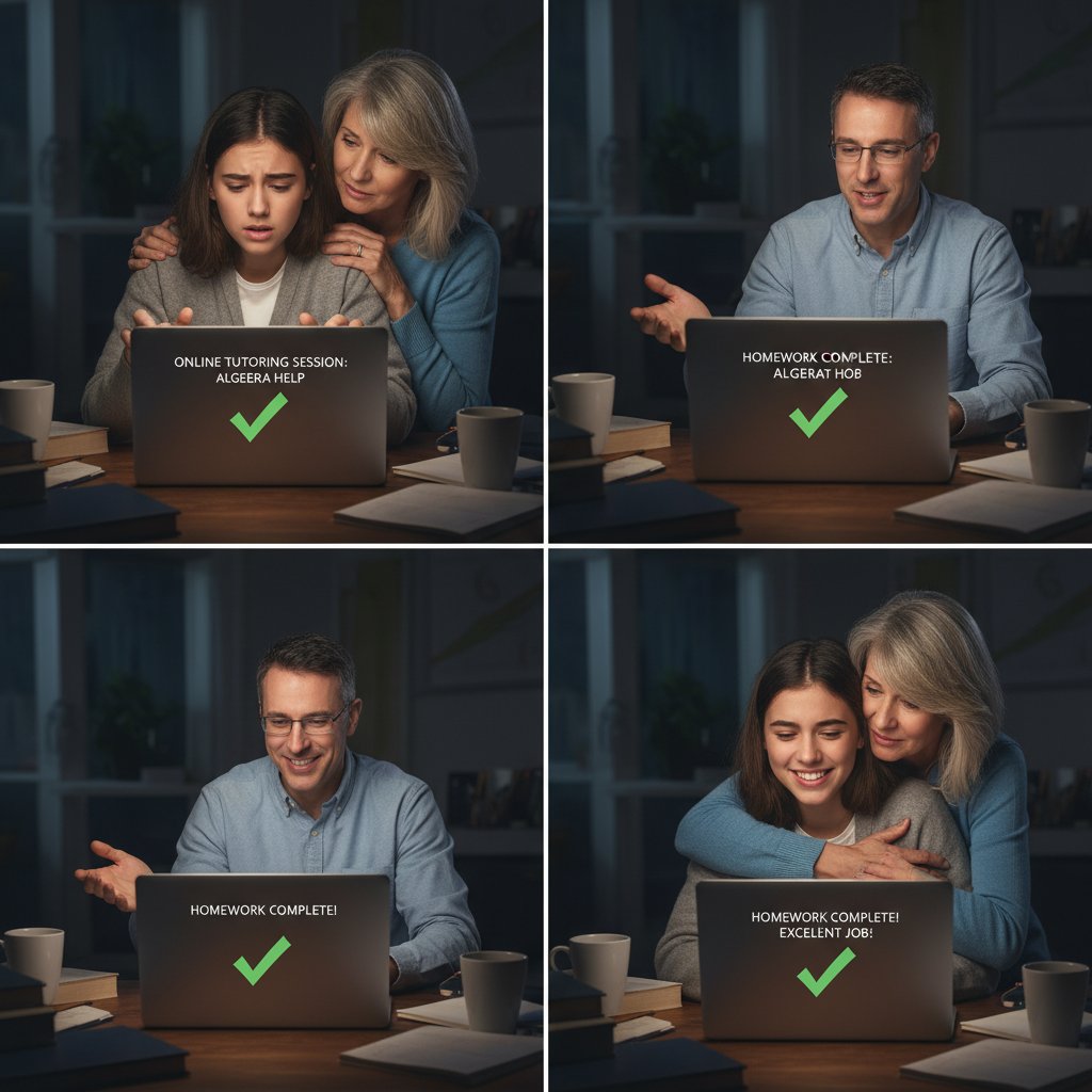 Trzy osoby – uczeń, rodzic, dorosły, każdy przy laptopie z inną emocją: niepokój, determinacja, ulga