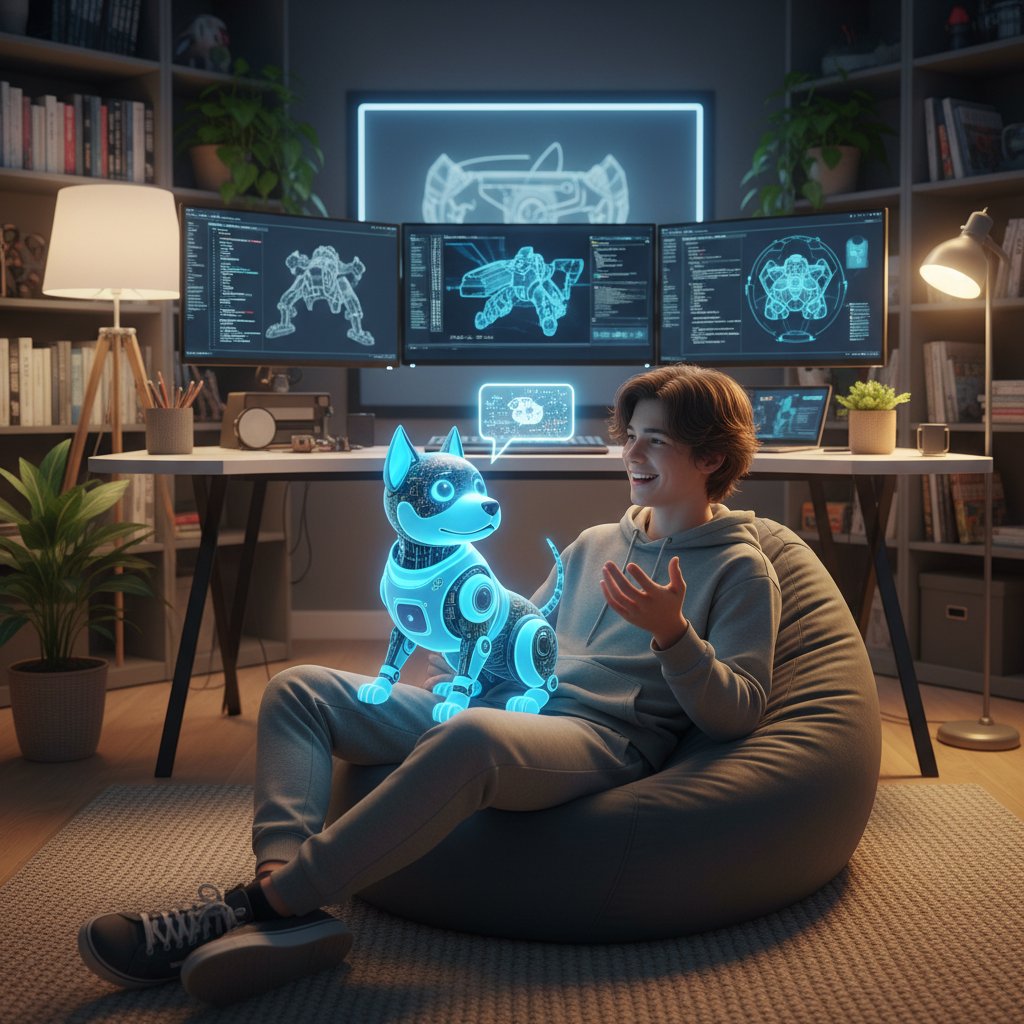 Nastolatek rozmawiający z pieskiem AI na tle domowego biura, zrelaksowany