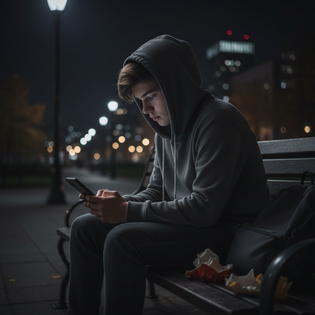 Nastolatek siedzący samotnie ze smartfonem nocą, uzależnienie od social mediów