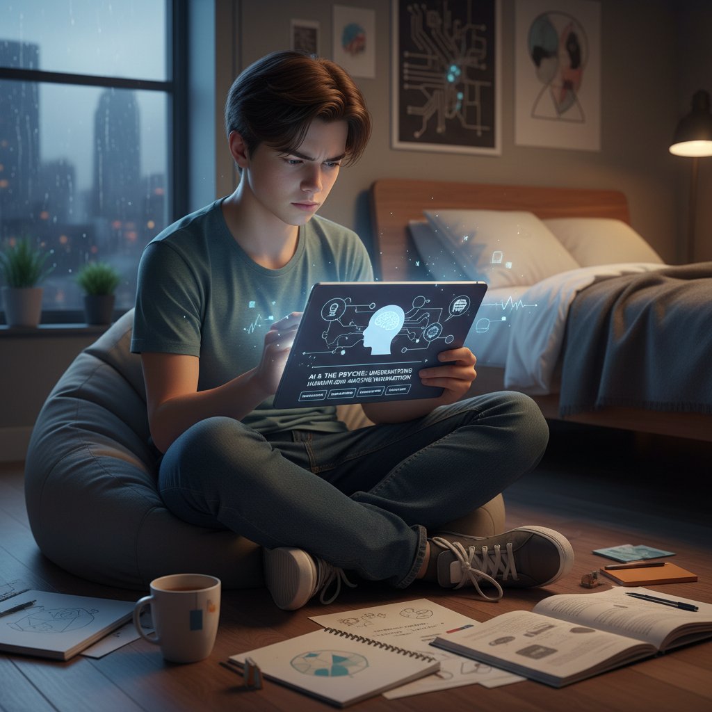 Zdjęcie nastolatka samotnie uczącego się z tabletem, psychologiczne aspekty nauki online z AI