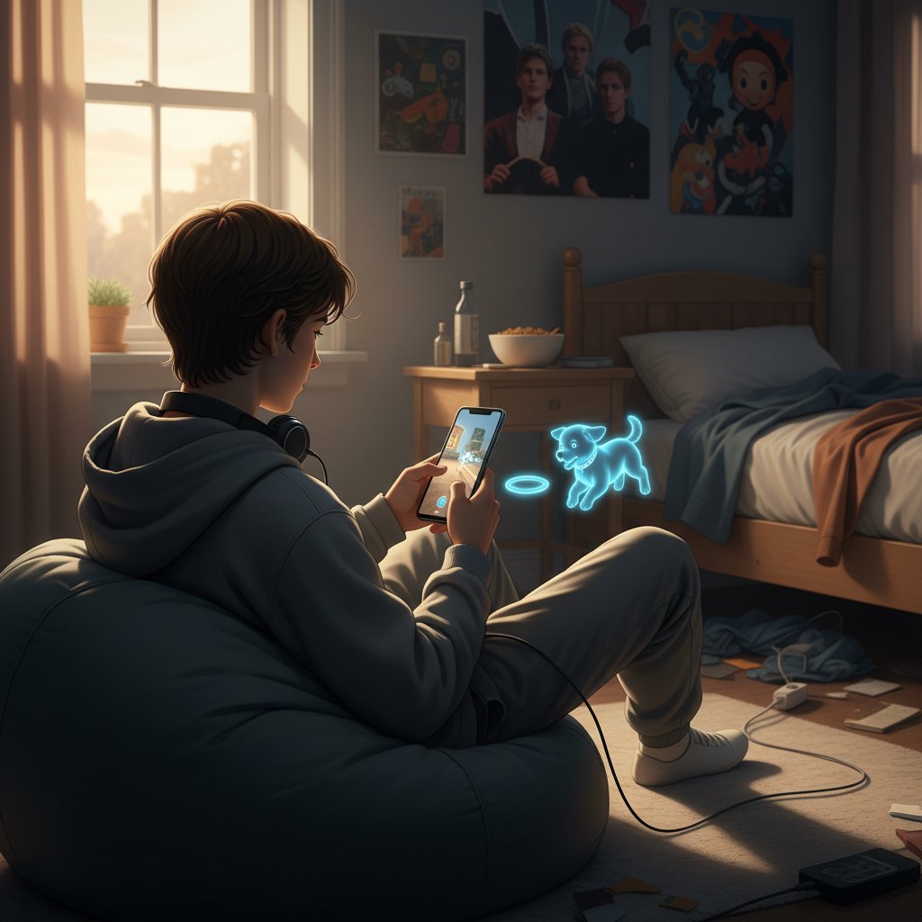 Jugendlicher sitzt alleine im Zimmer, spielt mit virtuellem Hund auf dem Handy, abgewandtes Gesicht