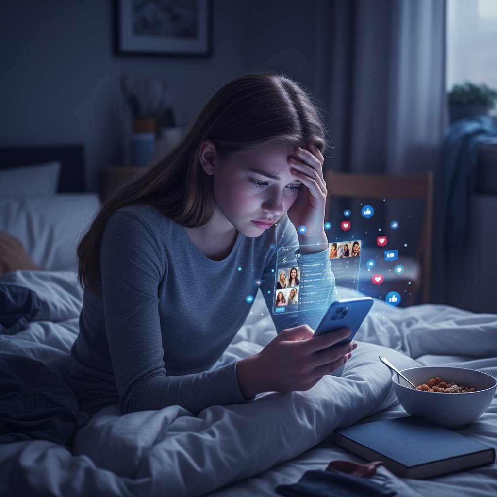 Nastolatek zapatrzony w ekran smartfona, wyraźnie spięty – lęk a media społecznościowe