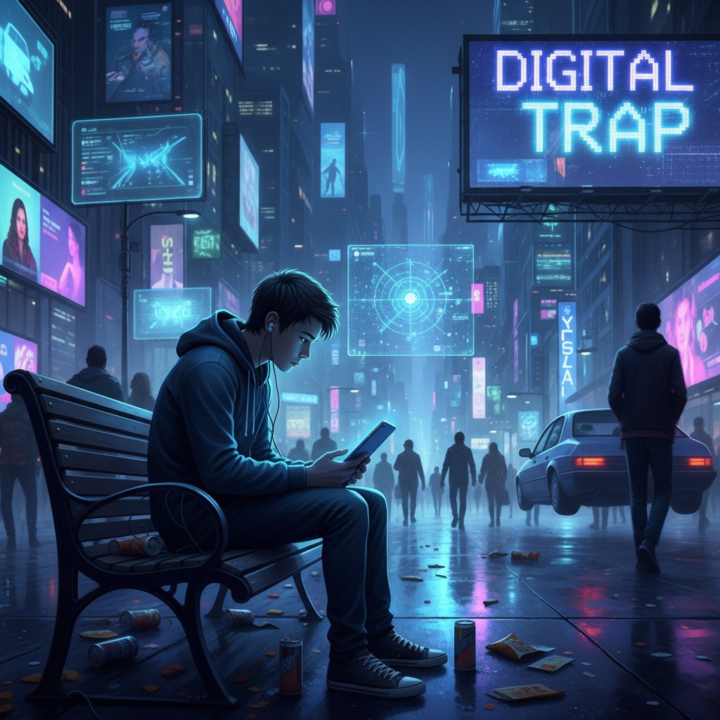 Nastoletni chłopak w blasku ekranu smartfona z niepokojem w oczach, w tle nocna panorama miasta