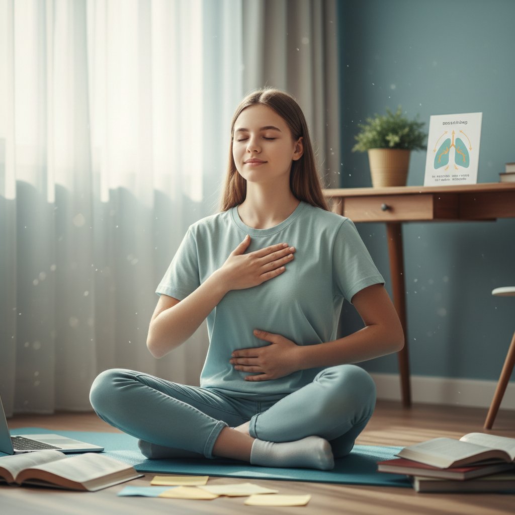 Nastolatek wykonujący ćwiczenia oddechowe, by zredukować stres przed maturą