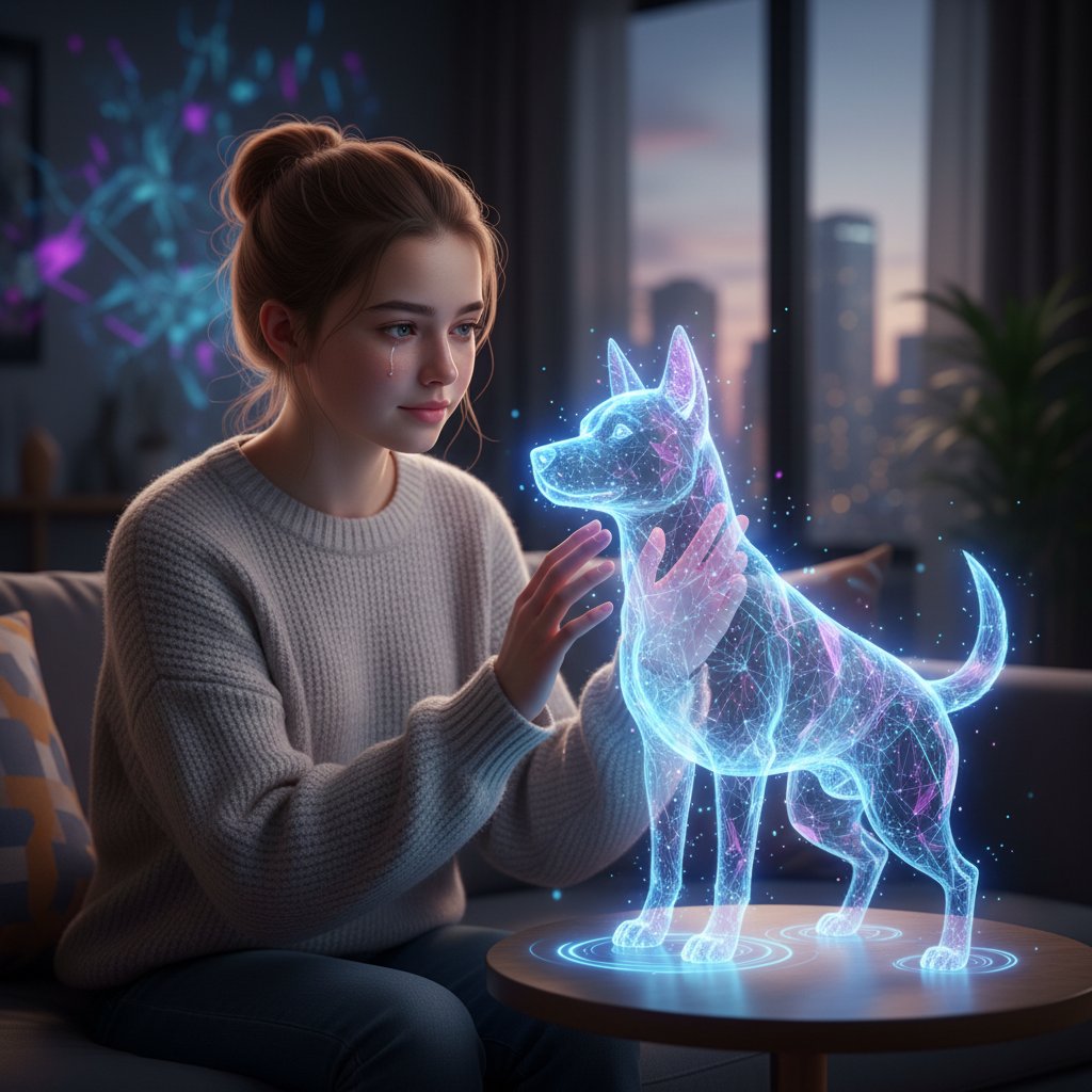 Nastolatka w ciemnym pokoju patrząca z uczuciem na ekran z cyfrowym psem