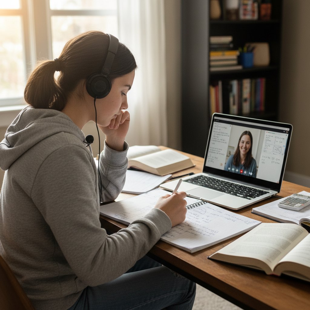 Uczennica podczas korepetycji online z matematyki, notatki i komputer