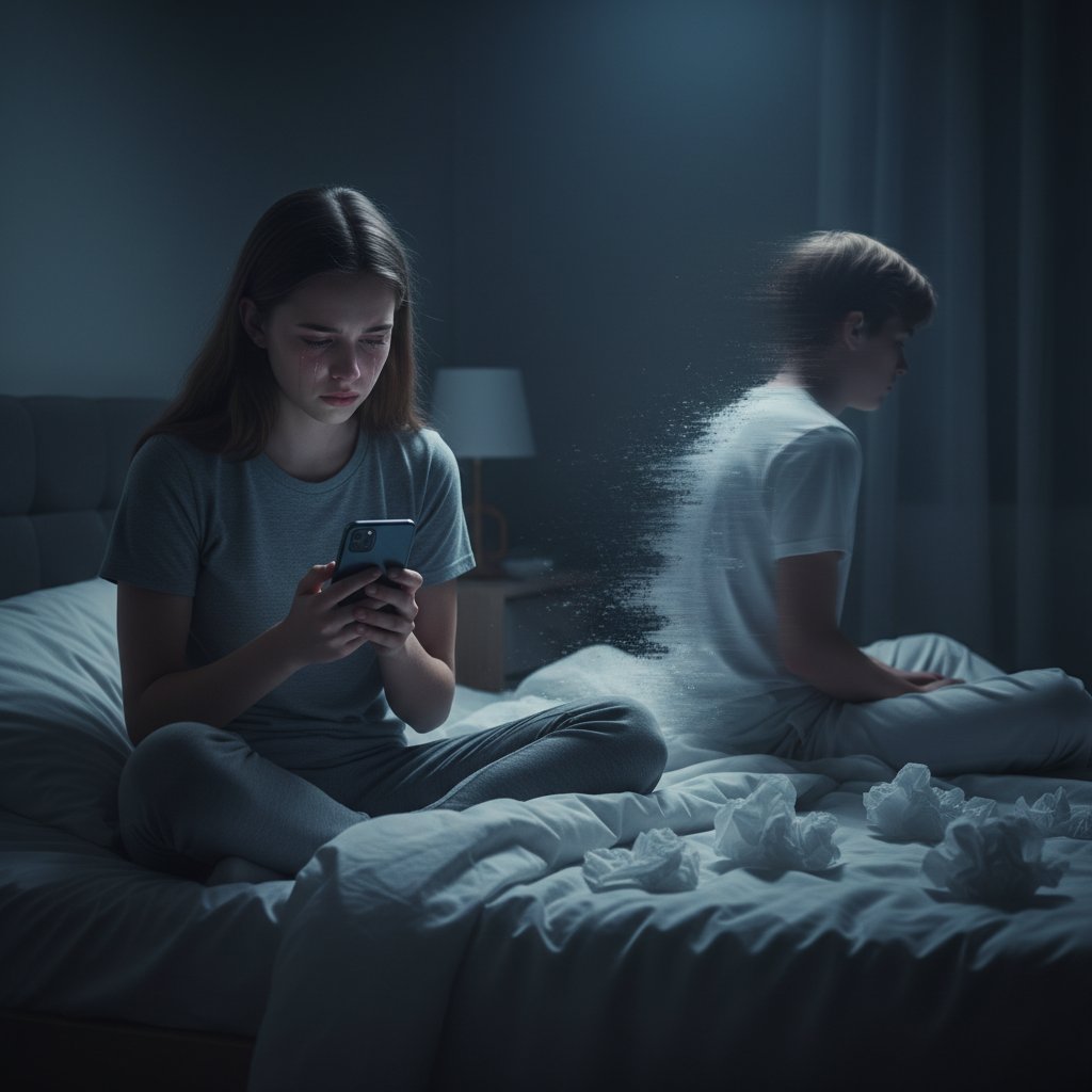 Nastolatka patrząca na telefon z wyrazem smutku po doświadczeniu ghostingu