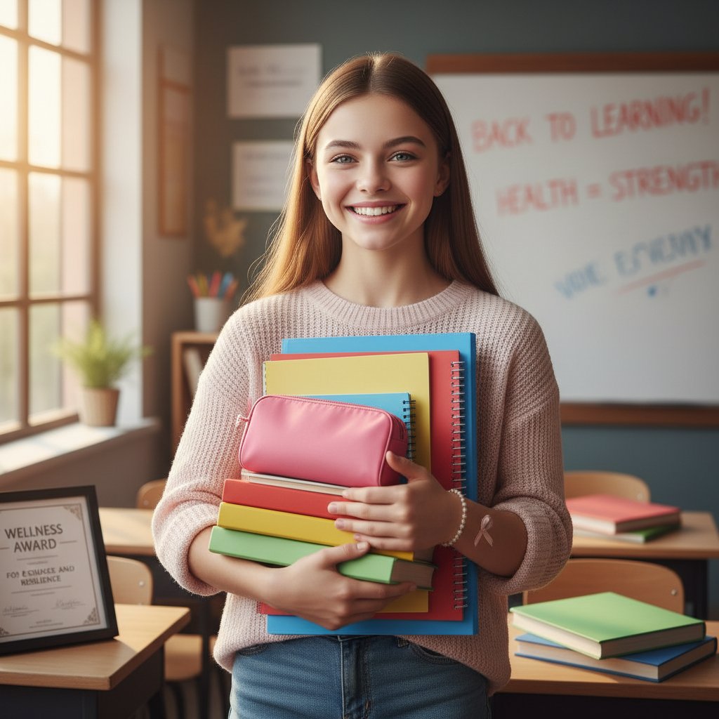 Nastolatka z zeszytem i uśmiechem, otoczona szkolnymi przyborami – symbol sukcesu mimo choroby