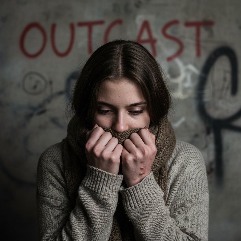 Nastolatka z zamyśloną miną, ukrywająca dłonie w rękawie – wstyd i stygmatyzacja związana ze świerzbem