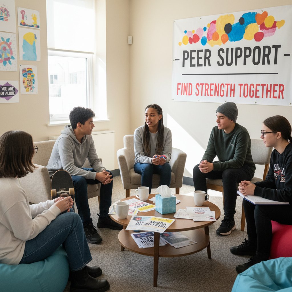 Grupa nastolatków rozmawiających o zdrowiu psychicznym, uśmiechy, wsparcie rówieśników