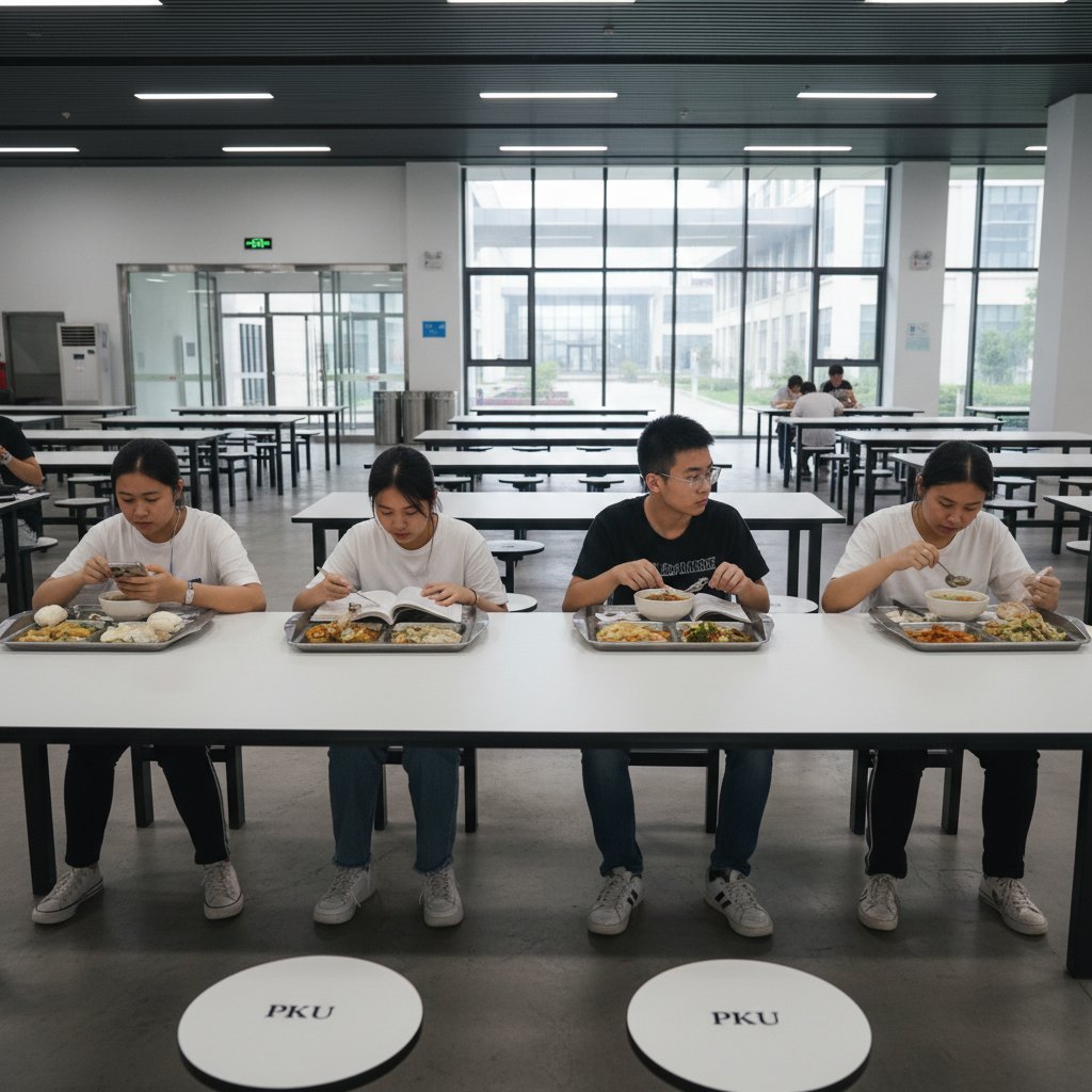 Grupa nastolatków, jedna osoba z PKU trzyma swój lunch, wycofana, reszta śmieje się