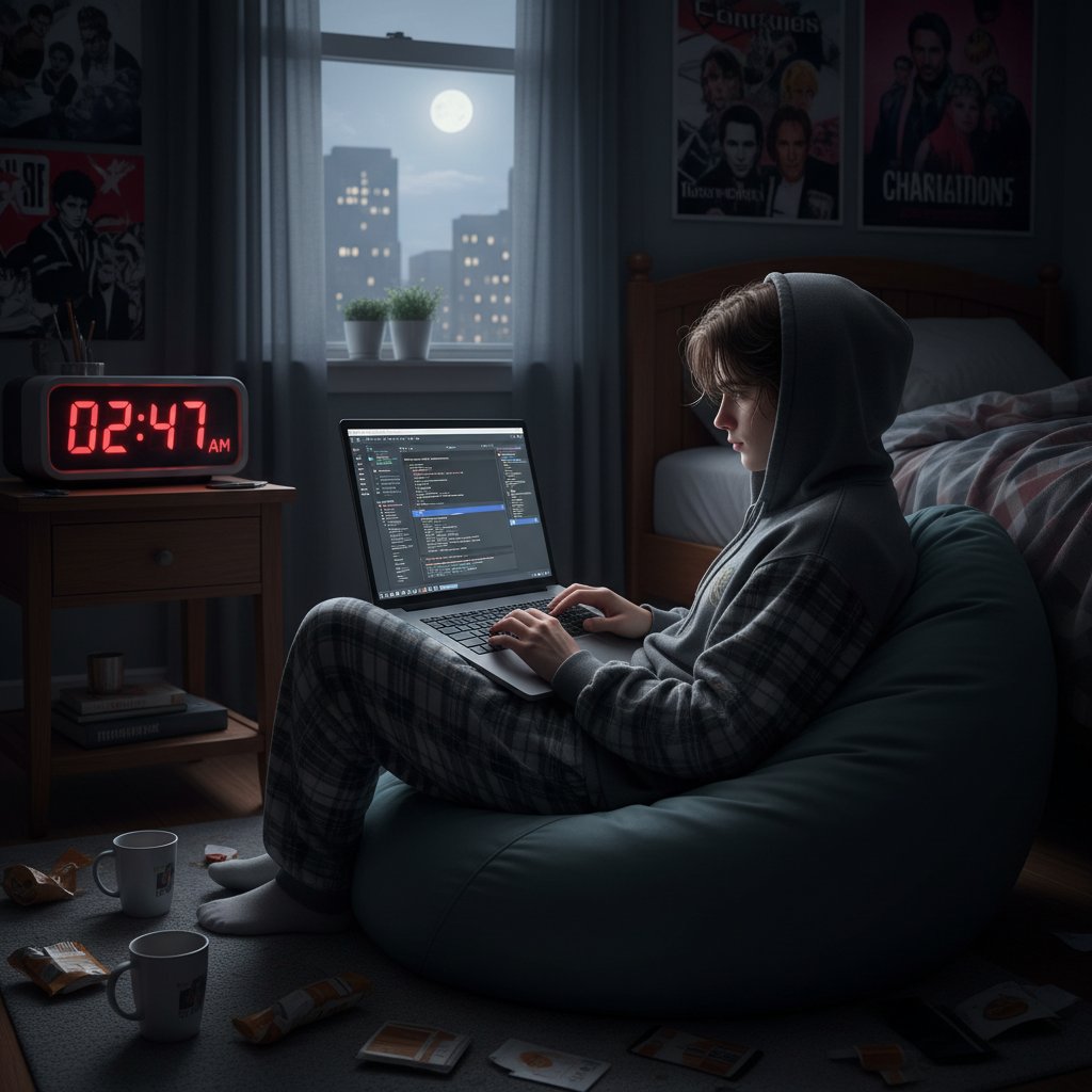 Nastolatek na lekcji online nocą, zegar wskazuje późną godzinę, korepetycje online blik