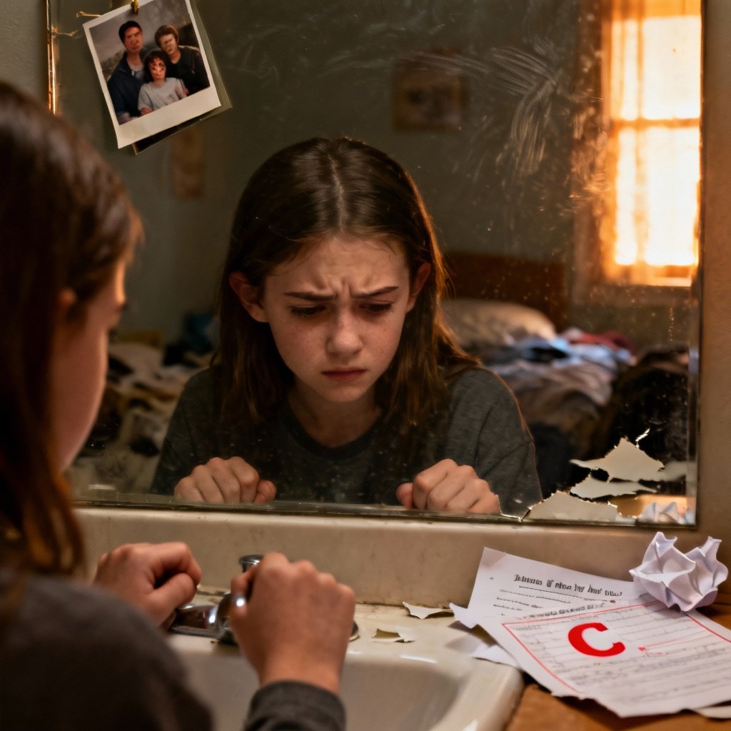 Zbliżenie na młodą osobę patrzącą w lustro z wyrazem niepewności i smutku