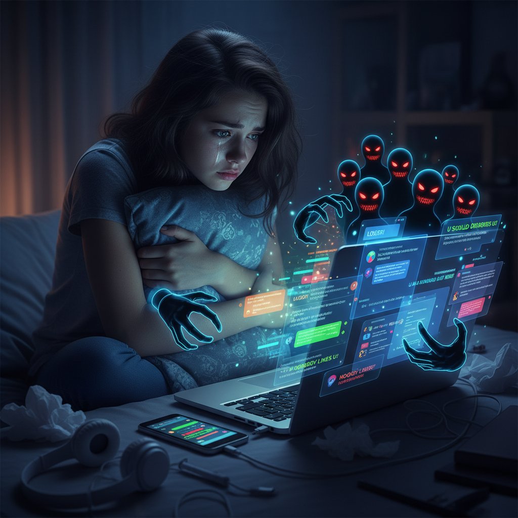 Nastolatek patrzący z niepokojem na ekran telefonu, symbol cyberprzemocy