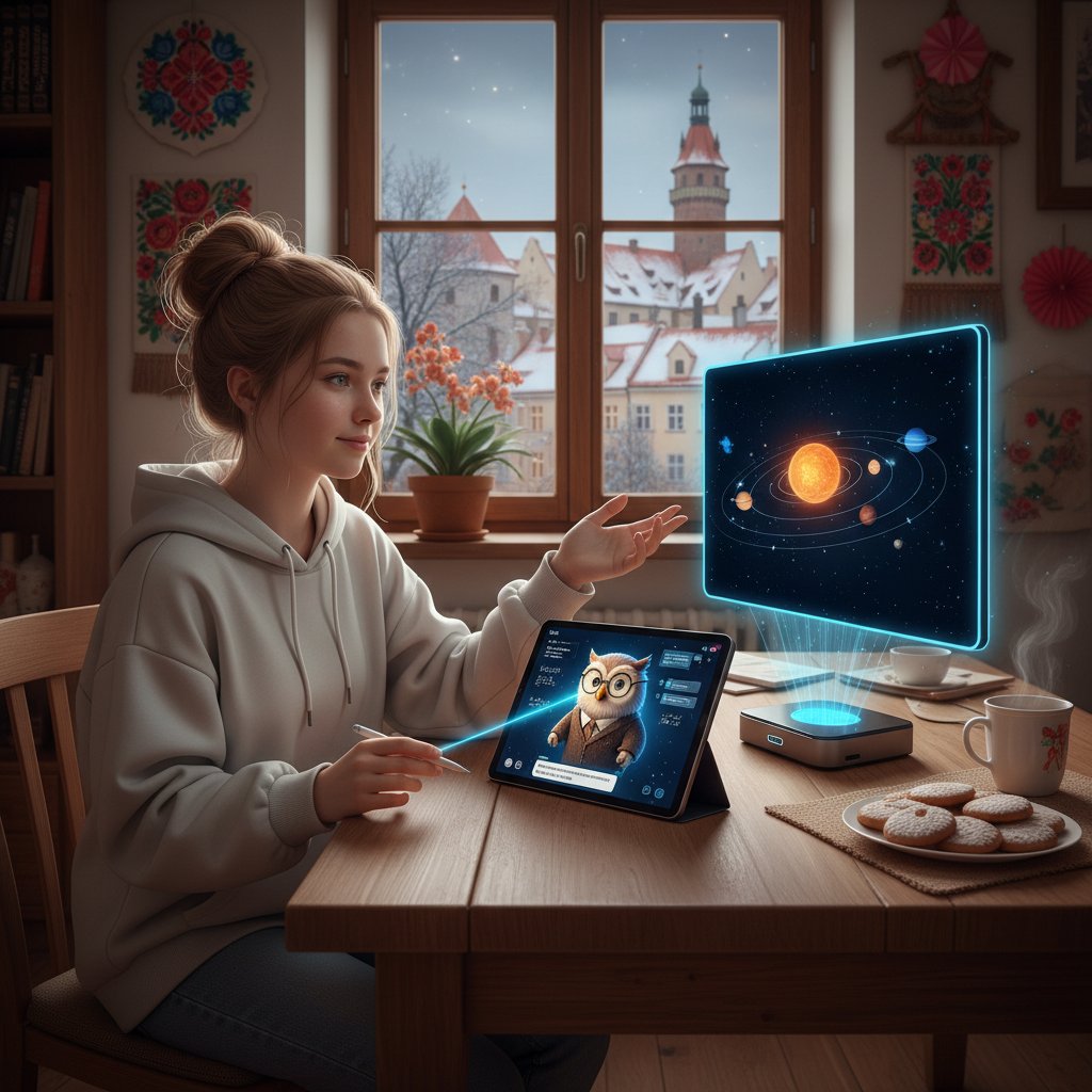 Nastolatek korzysta z tabletu podczas samodzielnej nauki, AI jako wirtualny przewodnik, domowe biurko