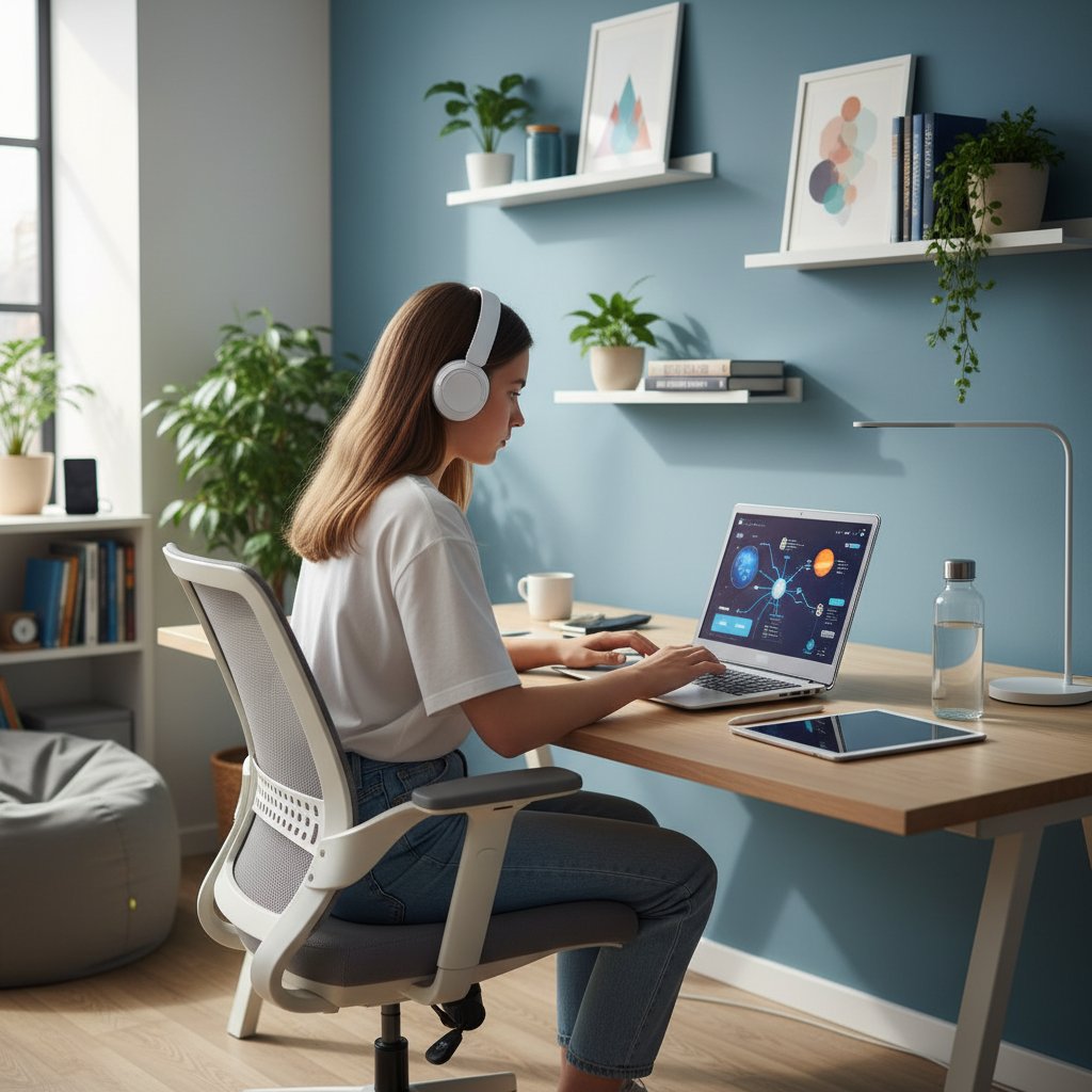 Nowoczesny uczeń korzystający z laptopa w domowym biurze – symbol przełamywania mitów nauki online