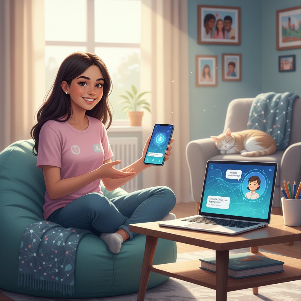 Młoda osoba rozmawiająca przez telefon lub laptop z AI, uśmiech, poczucie ulgi