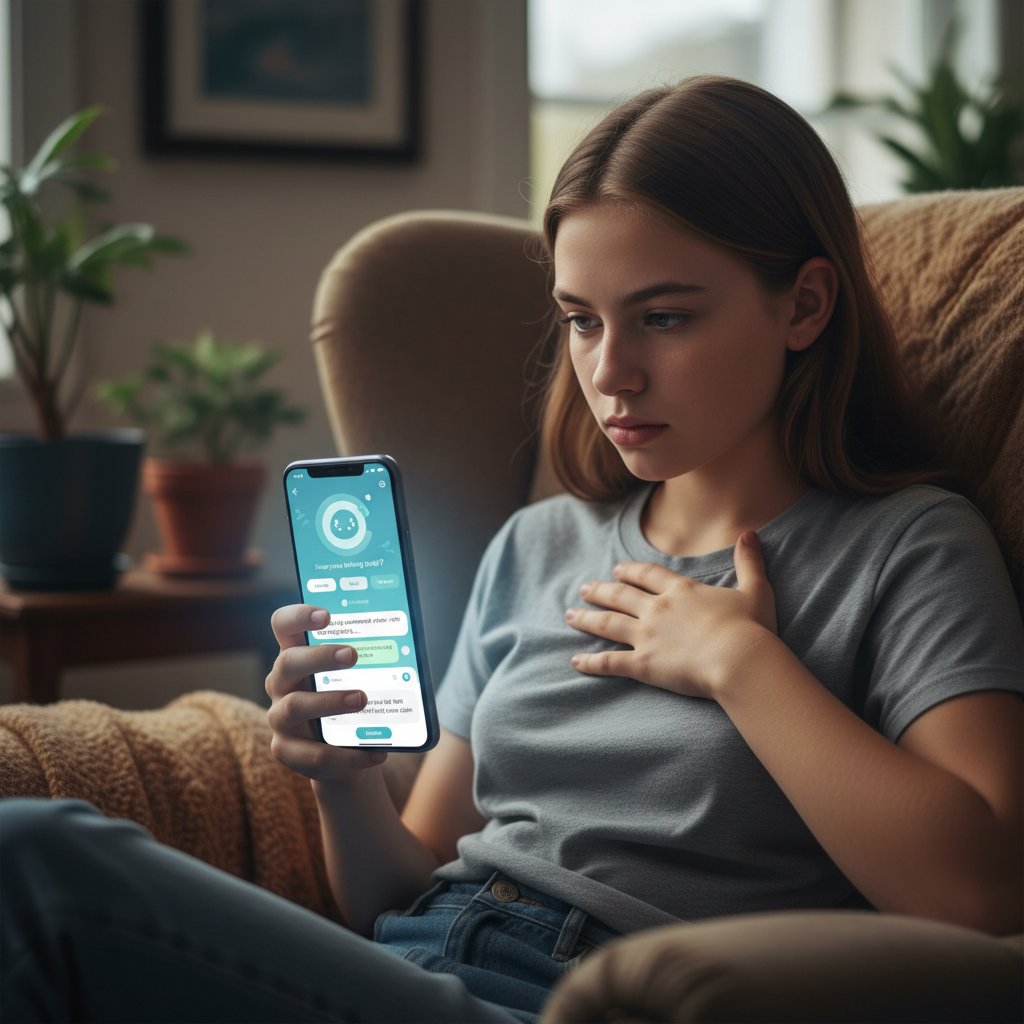 Nastolatek korzystający z aplikacji mobilnej do wsparcia emocjonalnego, keywords: zaburzenia zachowania, AI